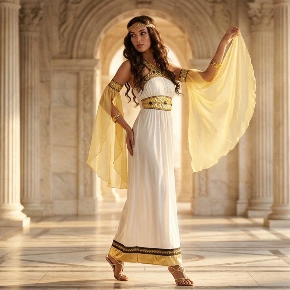 Divine Goddess Greek Roman Toga Costume White Gold Sequin Dress Set Large